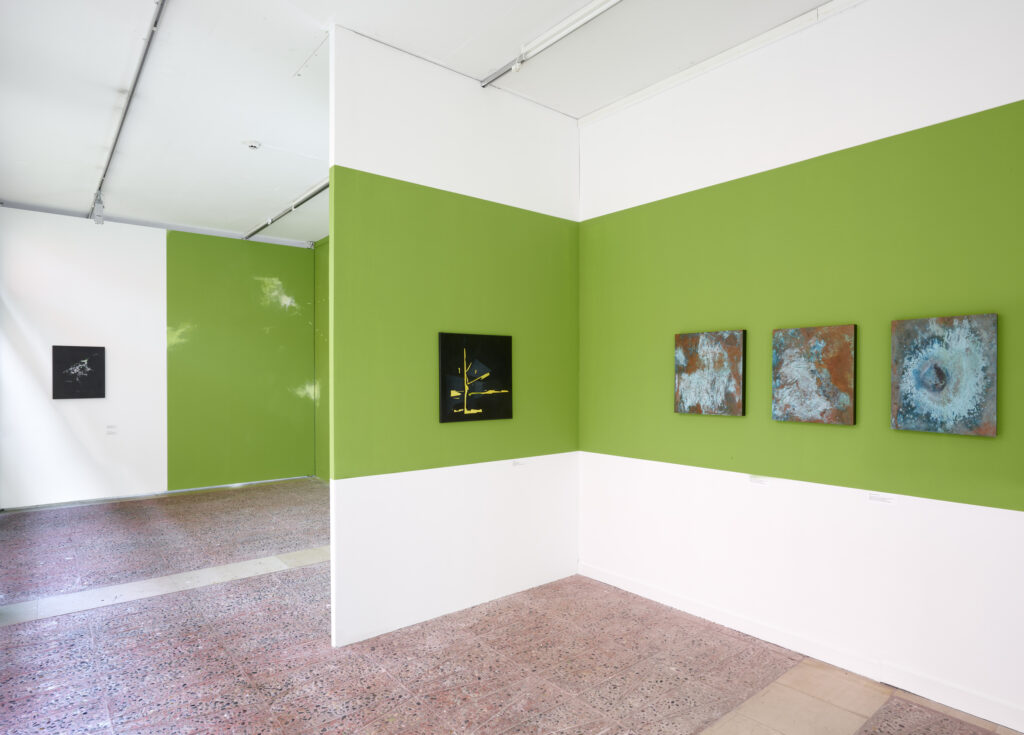 bandeau vert peint au mur avec plusieurs tableaux accrochés