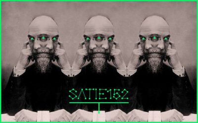 photo d'Eric Satie retouchée avec plusieurs visage aux yeux verts