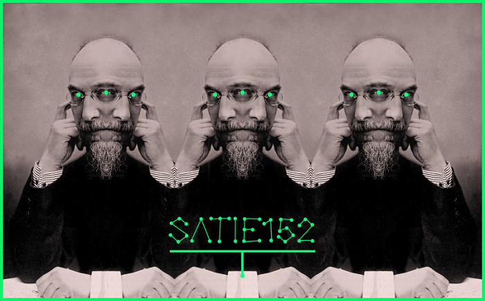 photo d'Eric Satie retouchée avec plusieurs visage aux yeux verts